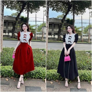 Đầm nhung dáng dài phối cổ ren kiểu tiểu thư vinatge diện đi tiệc,công sở mùa noel tết