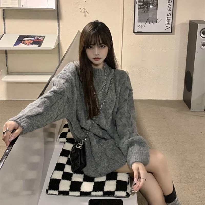 Áo sweater chui đầu dáng rộng màu sắc đơn giản phong cách retro Hàn Quốc cho nữ