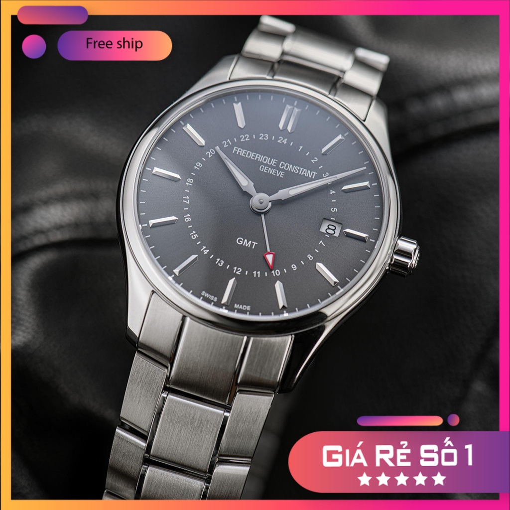 Đồng hồ chính hãng nam Frederique Constant Classic Quartz GMT 40mm FC-252DGS5B6B - Máy pin - Kính Sa