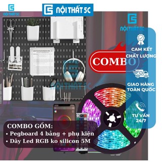 COMBO Bảng Pegboard Treo tường nhiều chi tiết phụ kiện kèm Dây Led RGB Trang Trí 5M có 60b/m