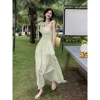 Đầm Hai Dây Ôm Eo Họa Tiết Kẻ Sọc Màu Xanh Lá Thời Trang Mùa Hè Xinh Xắn Cho Nữ
