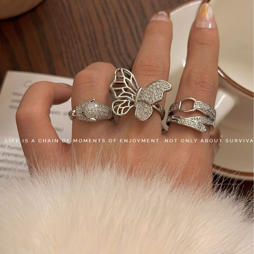 Nhẫn Hở Đính Đá Zircon Hình Đầu Bướm / Da Báo Phong Cách Âu Mỹ Thời Trang