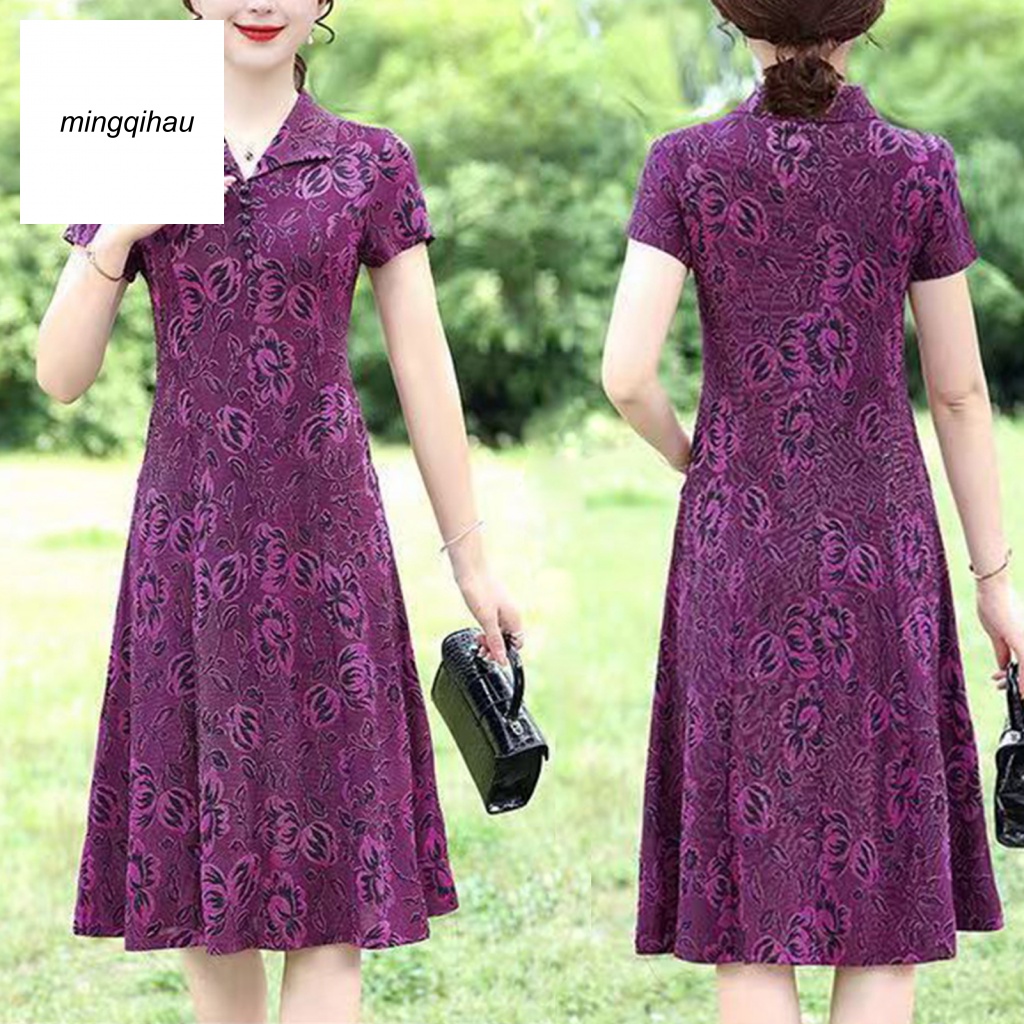 Đầm Midi Dài Qua Gối Dáng Chữ A Thoáng Khí In Họa Tiết Hoa Thời Trang Xuân Thu Cho Phụ Nữ Trung Niên