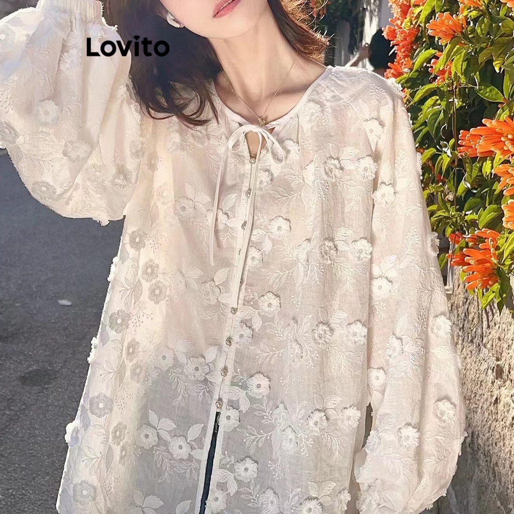 Lovito Áo ren trơn thông thường cho nữ LNE21085 (Trắng)