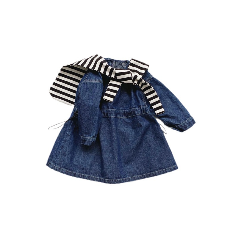 Đầm denim Tay Dài Buộc Dây Eo Phong Cách Hàn Quốc Thời Trang Mùa Thu Cho Bé Gái hy0c