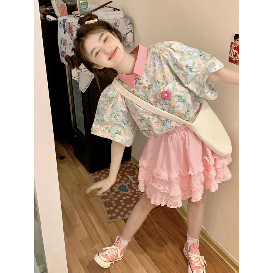 Set Áo Sơ Mi Dáng Rộng + Chân Váy Lưng Cao In Họa Tiết Thời Trang Mùa Hè 2023 Cho Nữ