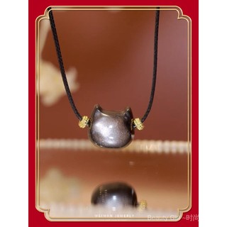 Dây Chuyền Bạc Mặt Mèo Bằng Đá obsidian Độc Đáo