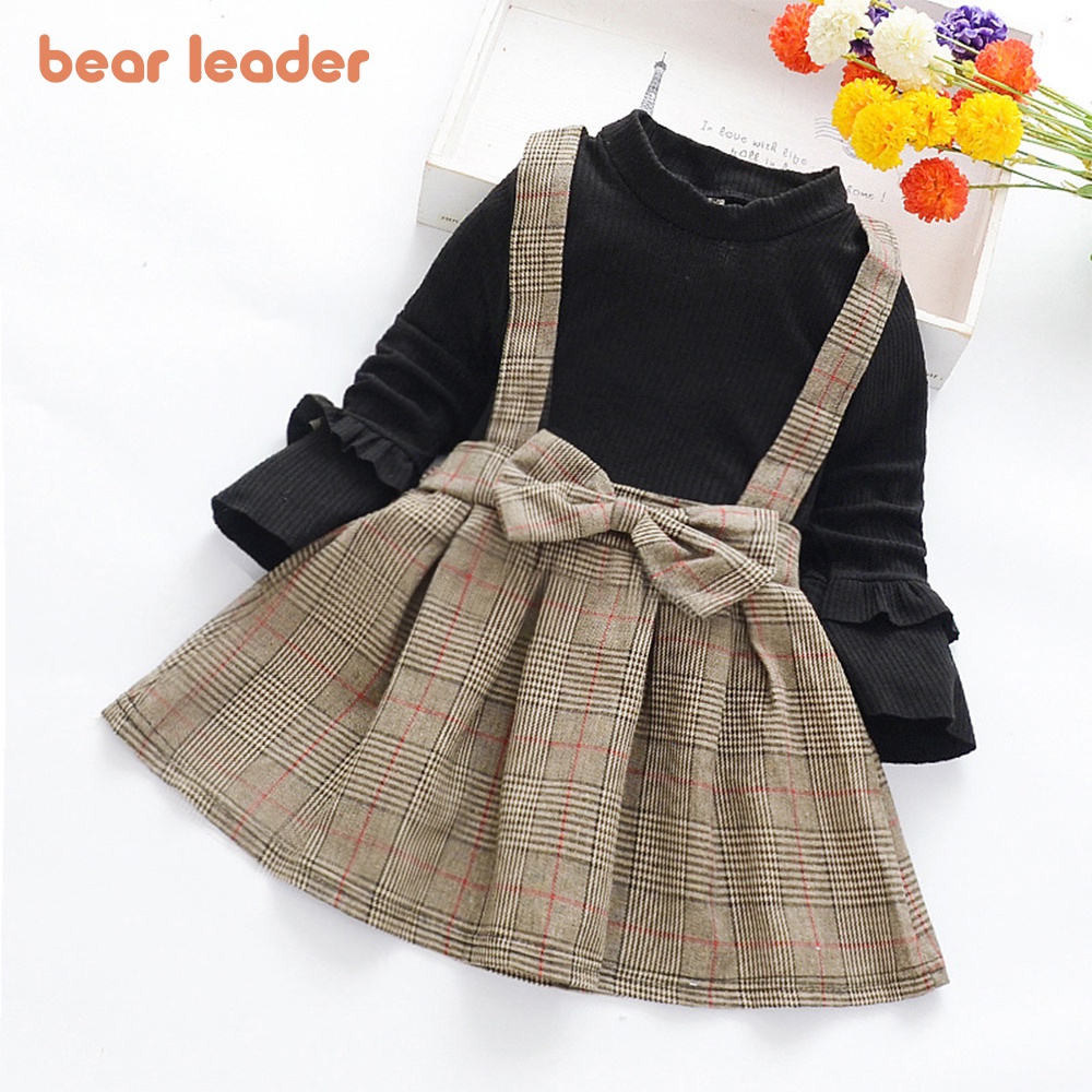 BEAR LEADER Đầm Dài Tay Giả Hai Lớp Họa Tiết Sọc Caro Đính Nơ Phong Cách Hàn Quốc Cho Bé Gái 1-6 Tuổi