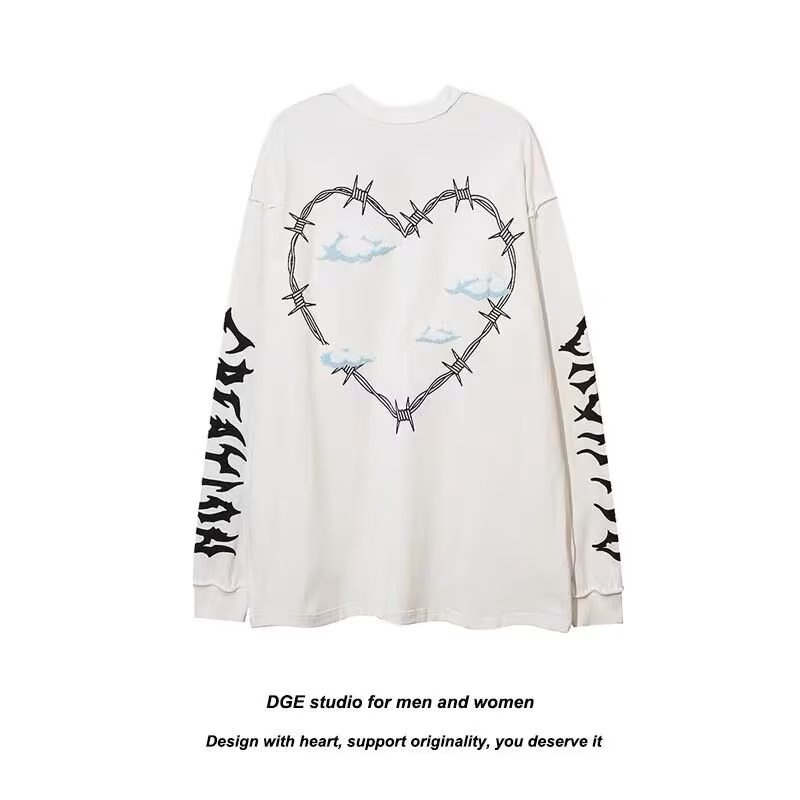 Áo sweater Tay Dài Dáng Rộng In Hình Trái Tim Màu Tối Phong Cách hip hop Đường Phố Âu Mỹ Cho Nam