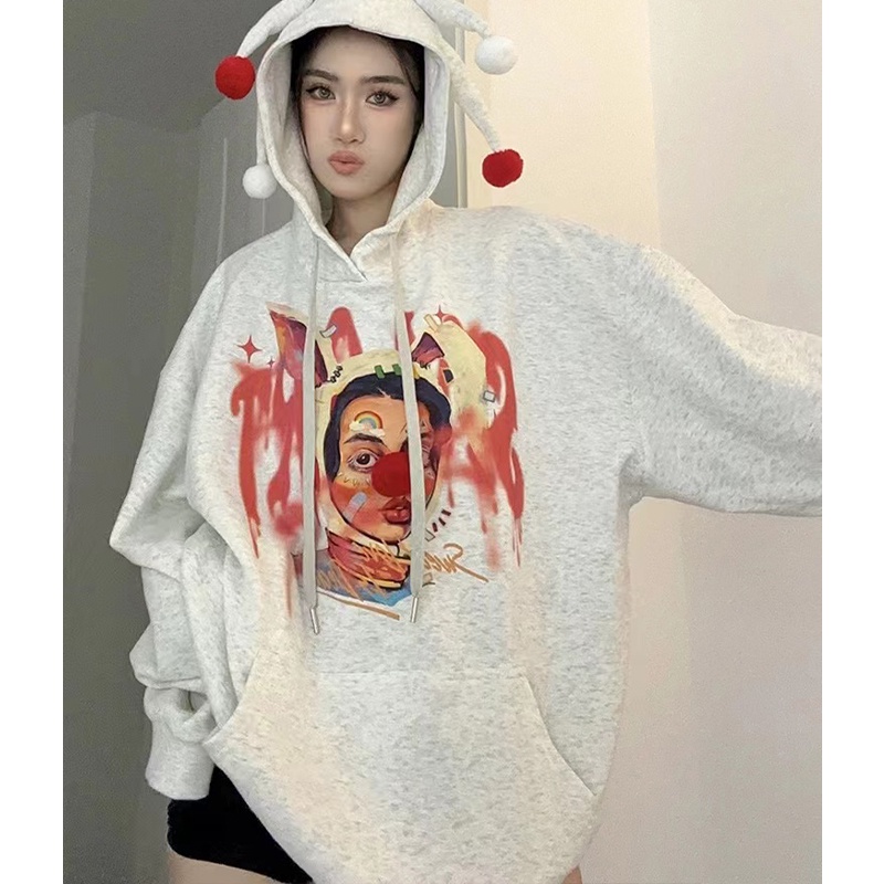HANLU Áo Hoodie Dáng Rộng In Hình Chú Hề Vui Nhộn Thiết Kế Mới Cho Cặp Đôi