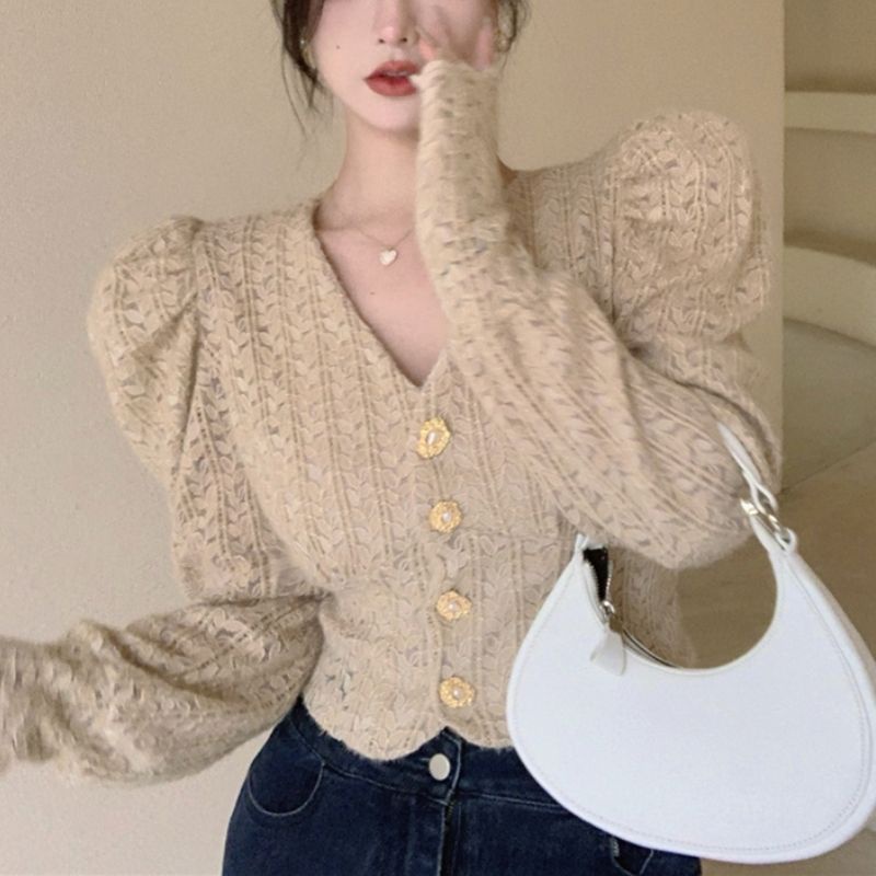 Áo Kiểu Ôm Eo Tay Phồng Phối Ren Gợi Cảm Thời Trang Thu Đông 2023 Cho Nữ