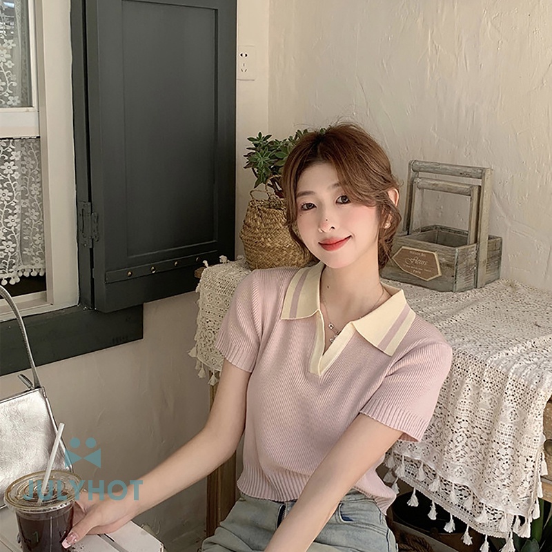 Áo Thun Dệt Kim Tay Ngắn Màu Tương Phản Thời Trang Mùa Hè Cho Nữ