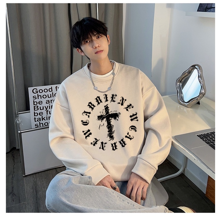 Áo sweater Tay Dài Cổ Tròn Dáng Rộng In Chữ Thập Màu Đen Phong Cách vintage Hợp Thời Trang