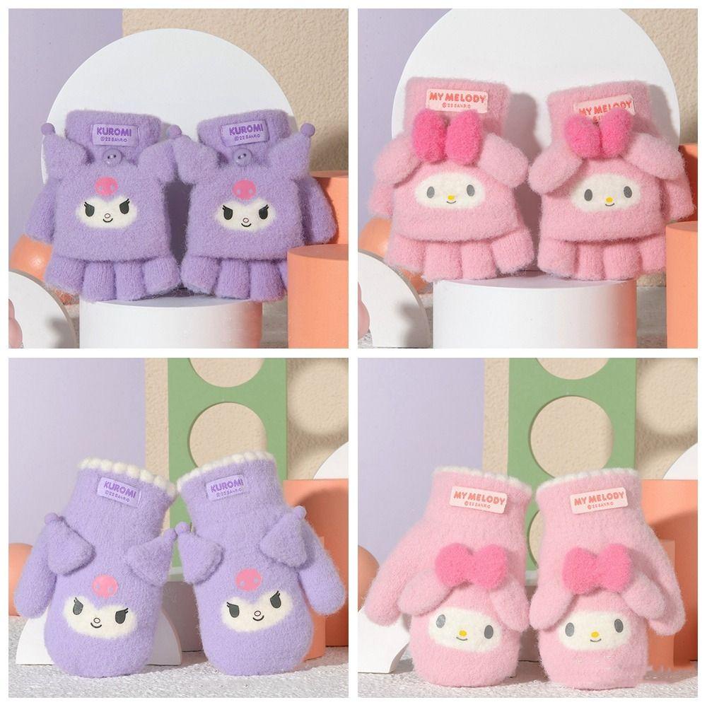 Daniels Găng Tay Dệt Kim Vải Lông Ấm Áp Chống Gió Họa Tiết Hoạt Hình Dễ Thương Có Dây Treo mymelody Kuromi Cho Bé