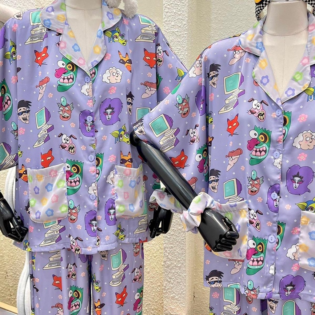 Bộ Pijama Monybear quần dài , áo tay dơi in hình chú chó nhút nhát nền tím phối túi kèm cột tóc - HN1588