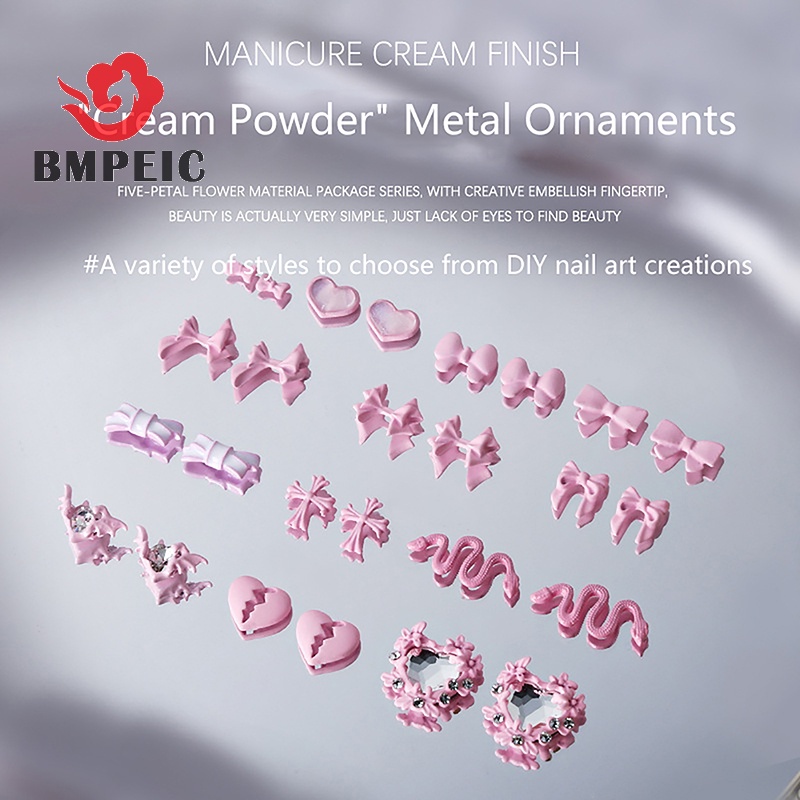 Set 5 Phụ Kiện Trang Trí Móng Tay 3d Bằng Kim Loại Hình Nơ Và Trái Tim Đáng Yêu Cho Nữ Mới