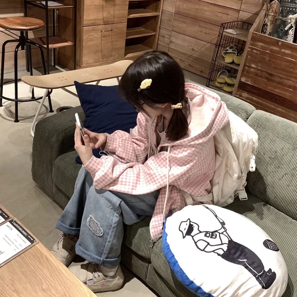 Áo Khoác Hoodie Mỏng Dáng Rộng Thêu Hình Bánh Dâu Tây / Trái Tim Phối Khóa Kéo Kiểu Nhật Bản Thời Trang Xuân Thu Cho Nữ