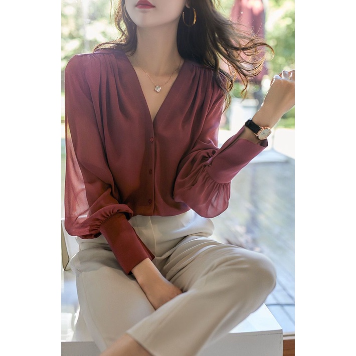 Áo Sơ Mi chiffon Dài Tay Cổ Chữ v Phong Cách Pháp Thời Trang Xuân Thu Mới Cho Nữ