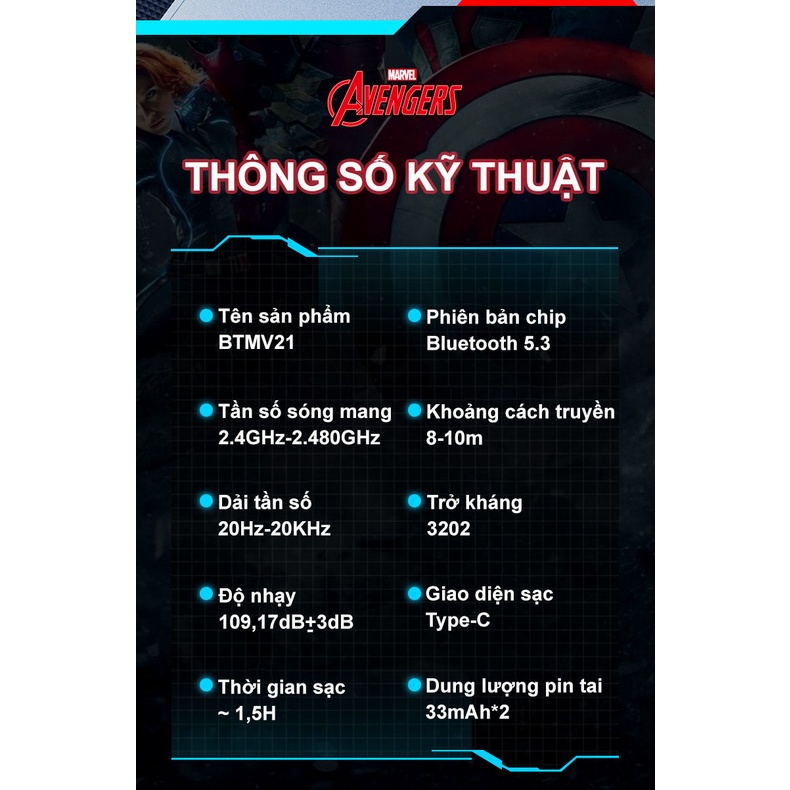 Tai Nghe DISNEY, MARVEL Bluetooth 5.3 Có Mic, Hai Chế Độ Phát Nhạc BTMV21, Bảo Hành 1 Đổi 1