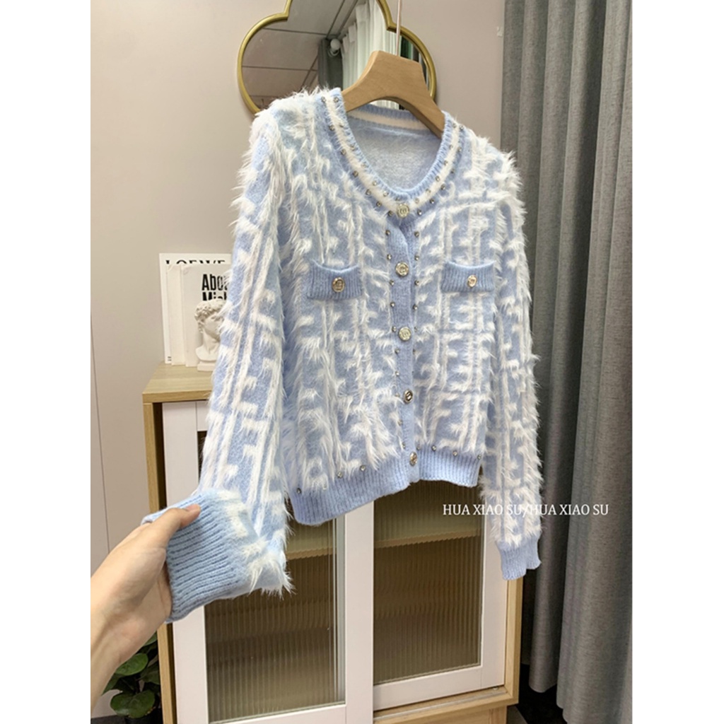 Áo cardigan len lông FF đính đá hàng QC 3 màu
