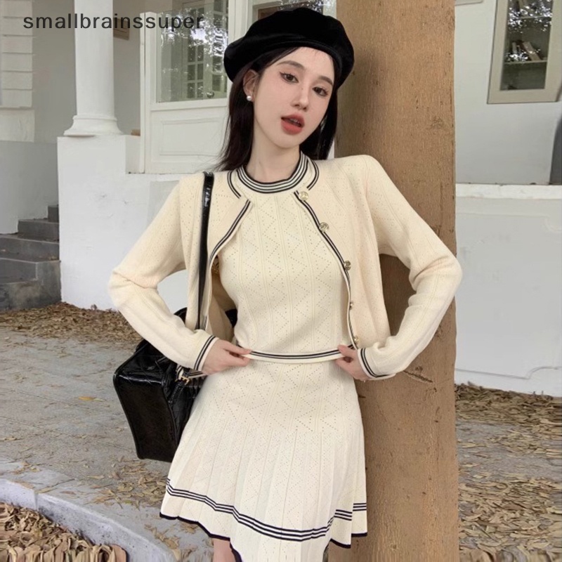 Smallbrainssuper set Áo Khoác cardigan Váy mini Xếp Ly Quyến Rũ Cho Nữ  sbs