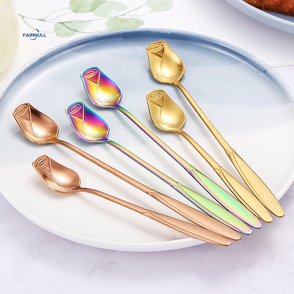 Fairnull Muỗng Cà Phê Tay Cầm Dài Bằng Thép Không Gỉ Cấp Thực Phẩm Thoải Mái Hình Hoa Hồng Cho Nhà Bếp