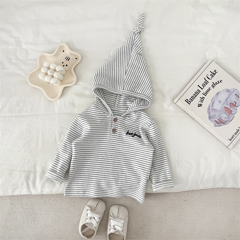 Áo Hoodie Tay Dài Kẻ Sọc Màu Trơn Thêu Chữ Thời Trang Mùa Thu Cho Bé Trai 1-3 Tuổi