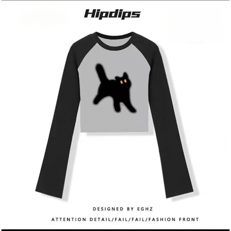 Áo baby tee  Áo Thun Tay Dài Áo croptop tay dài Hở Vai Màu Sắc Tương Phản Phong Cách retro Mỹ Thời Trang Mùa Thu Cho Nữ