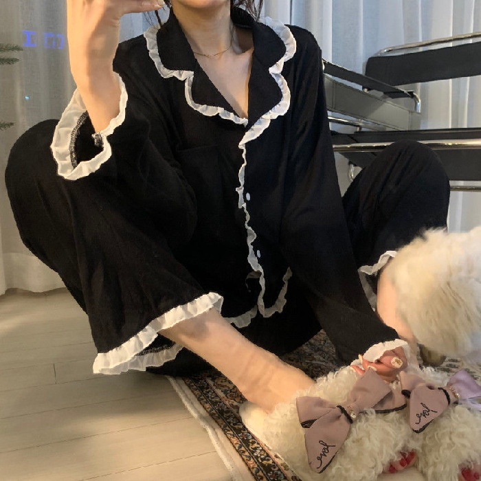 Bộ Pijama Bộ Đồ Ngủ Tay Dài Phối Ren Dễ Thương Phong Cách Hàn Quốc Thời Trang Thu Đông Cho Nữ