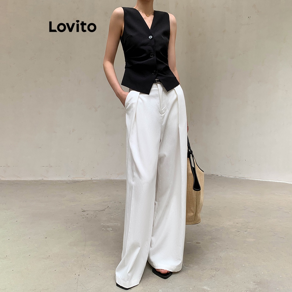 Áo Lovito cộc tay nút trước xếp ly màu trơn thường ngày cho nữ L65ED049