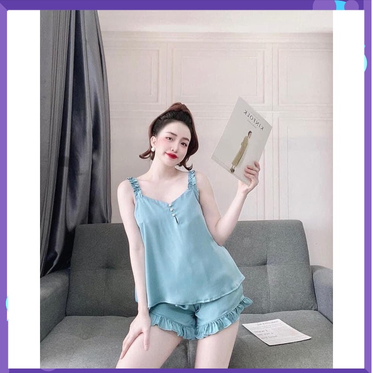 Đồ bộ ngủ nữ dây sát nách hở lưng quần đùi satin đính cườm ở ngực - CN35