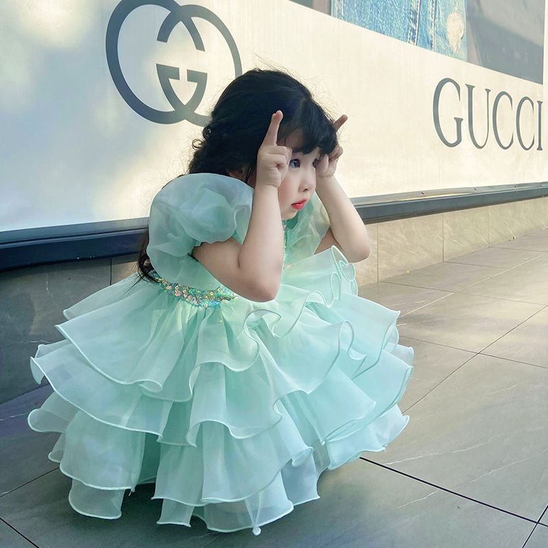 Bé Gái Mới Năm 2023 Váy Công Chúa sequin Bánh Ngọt Ngắn Tay