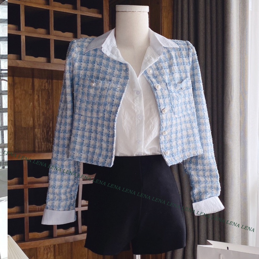 Áo Khoác Dạ Tweed cổ tròn xanh baby dáng lửng siêu sang chảnh - Sơ mi trắng tơ mịn mát- quần đùi ôm body  LENA 3040