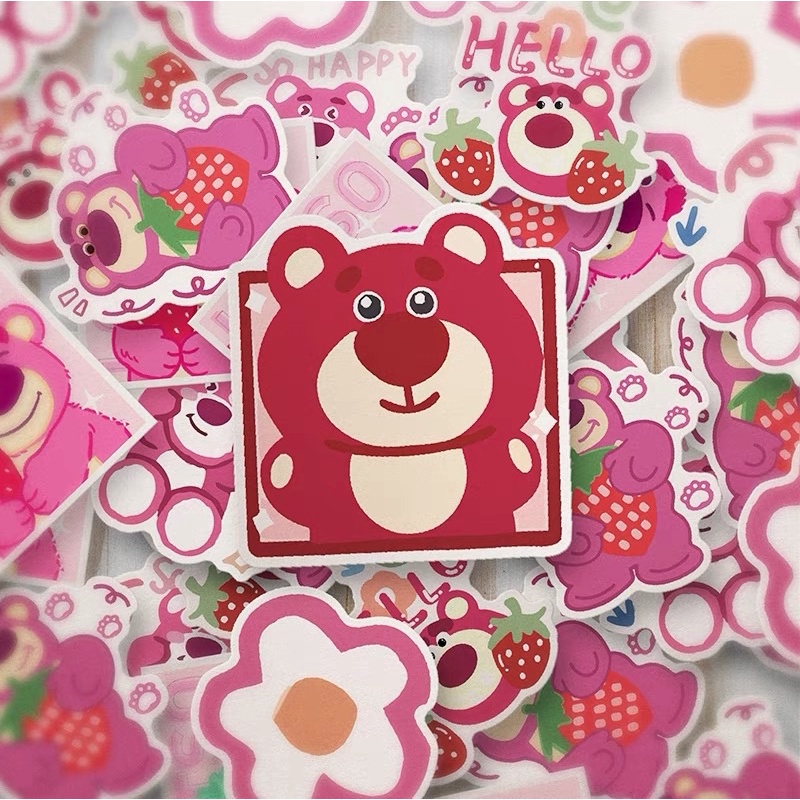 PVN61318 Combo 50 miếng Sticker Gấu Dâu LOTSO Hồng Siêu Dễ Thương
