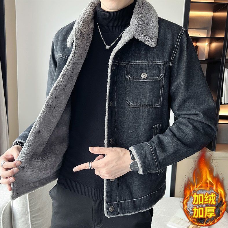 Áo Khoác denim Lót Lông Cừu Dày Dặn Giữ Ấm Phong Cách Hàn Quốc Thời Trang Mùa Đông Mới 2023 Cho Nam Trung Niên