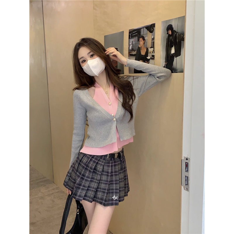 Áo cardigan Cổ Chữ v Tay Dài Giả Hai Lớp Màu Sắc Tương Phản Thời Trang Mùa Thu Cho Nữ