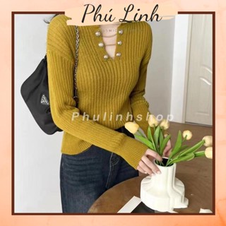 MS1231 Áo len kiểu nữ cổ V dây xích dài tay gân to