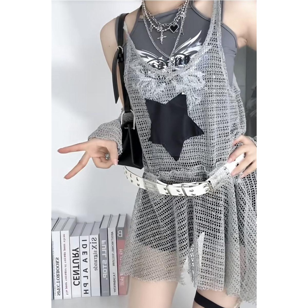 Milletnium y2k hot Set Đầm Lưới Không Tay Thêu Ngôi Sao Mùa Hè Có Tay Áo Cho Bé Gái