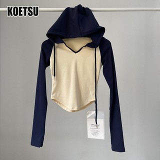 Koetsu Sport Áo Hoodie Croptop Tay Dài Ôm Dáng Co Giãn Cổ Chữ v Màu Tương Phản Thời Trang hottie