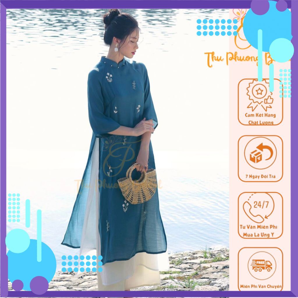 Áo Dài Cách Tân nữ truyền thống  Yên Chi thêu hoa lụa 4 tà may sẵn cao cấp giá xưởng