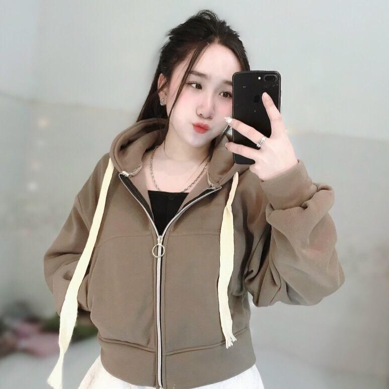 Áo khoác nữ lửng nỉ cotton nón rộng dây nón to