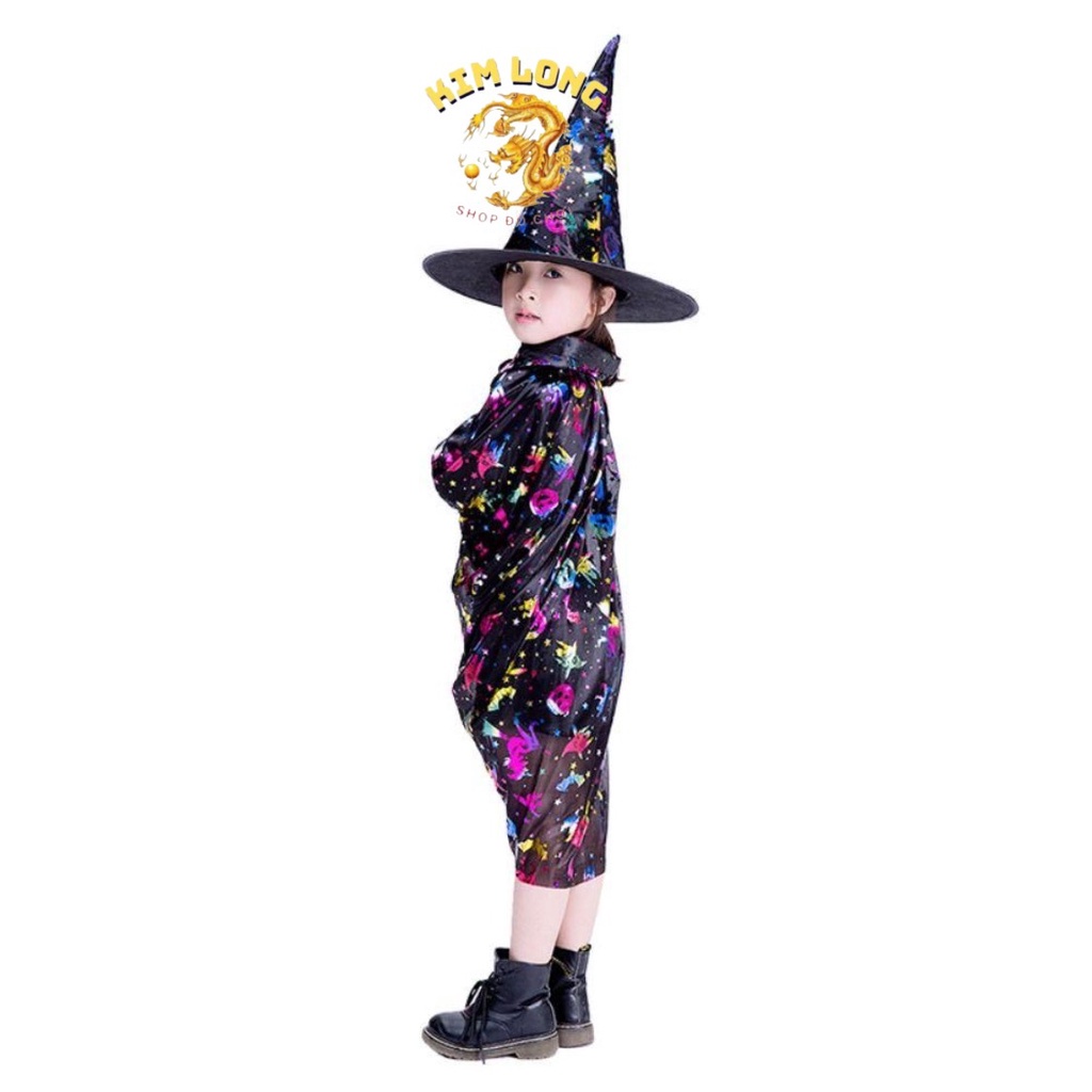 SAN Set Áo Choàng và nón phù thuỷ hoa văn 7 màu loại đẹp trang phục hoá trang cho trẻ em và người lớn lễ hội Halloween