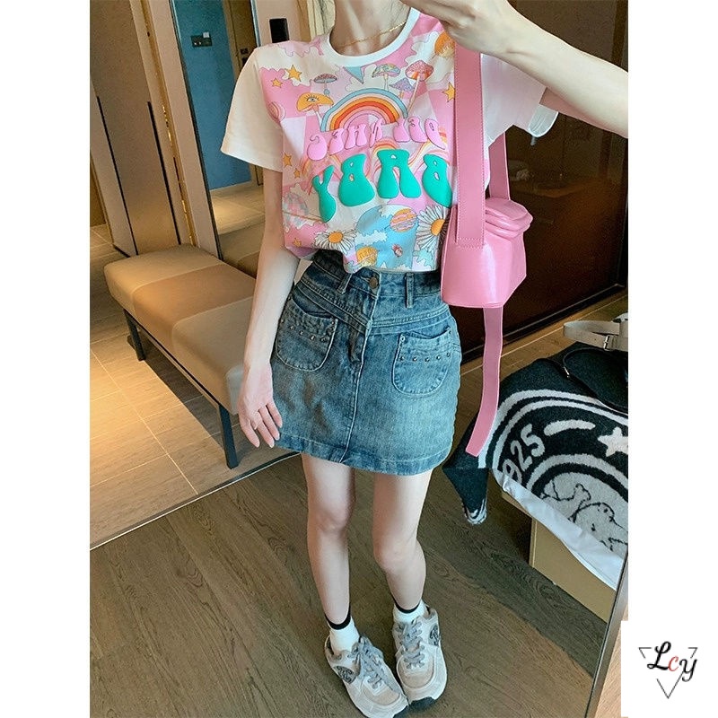 Áo Thun cotton Ngắn Tay Cỡ Lớn In Họa Tiết Hoạt Hình Thời Trang Cho Nữ