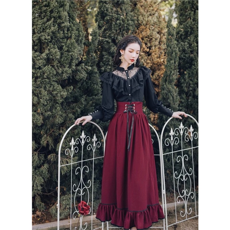 Set Áo Sơ Mi Đen Và Chân Váy Dài Phong Cách retro Cho Nữ