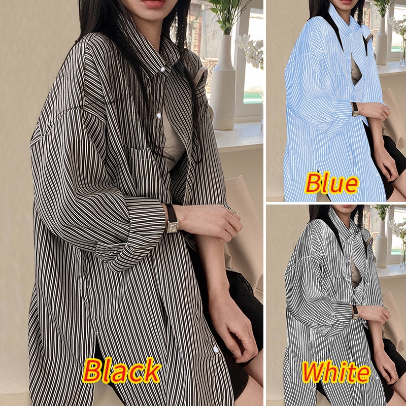 Áo Sơ Mi Tay Dài Hở Vai Kẻ Sọc Có Túi Trước Thời Trang Hàn Quốc Cho Nữ