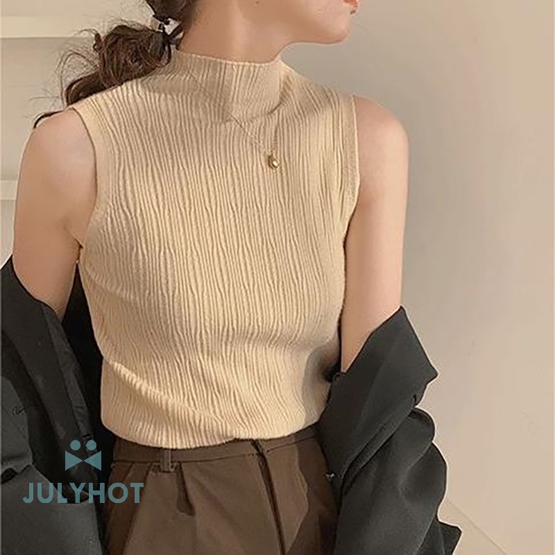 Áo Dệt Kim Sát Nách Cổ Lọ Màu Trơn Thời Trang Mùa Hè Cho Nữ