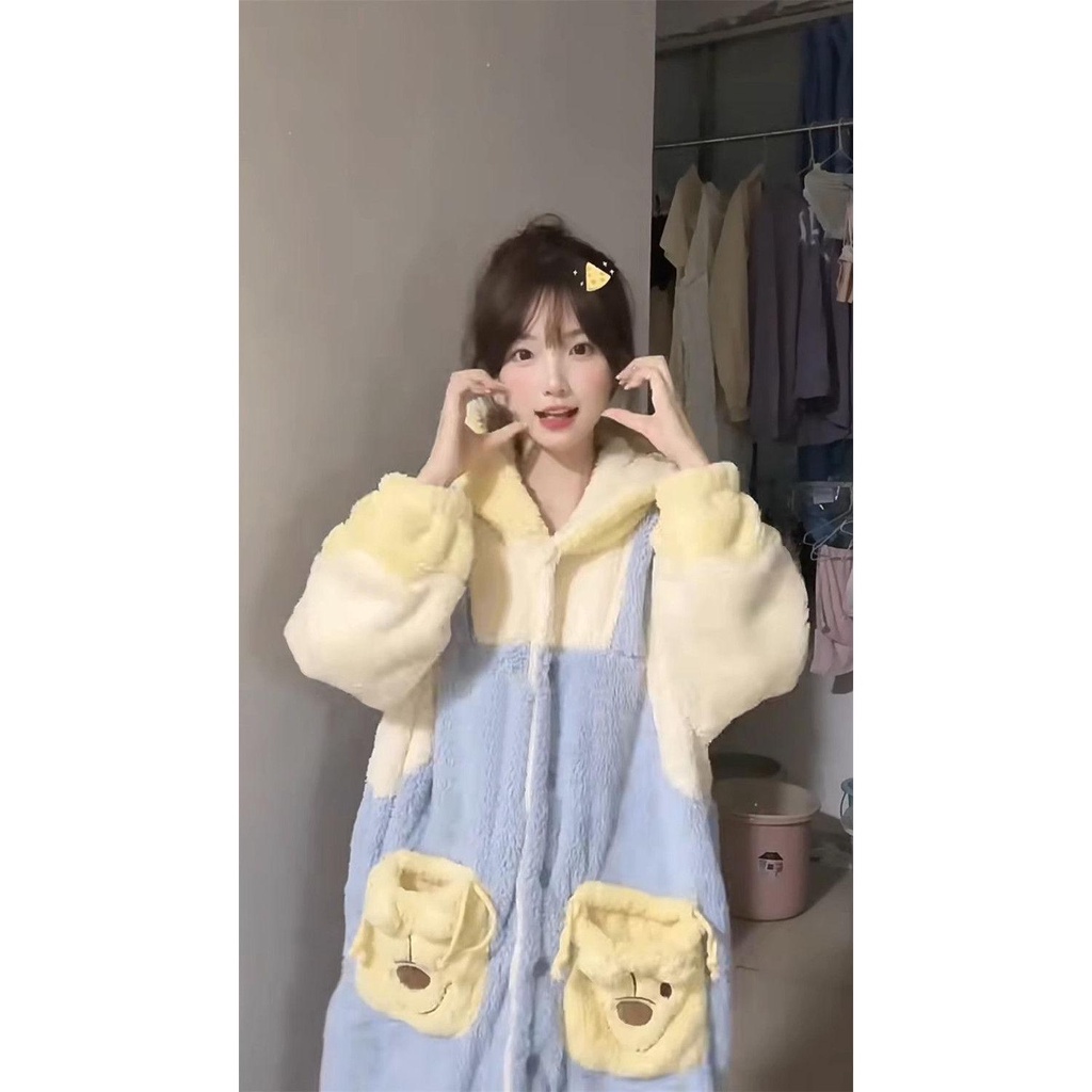 Áo Choàng Ngủ Có Mũ Trùm Đầu Bằng Lông Cừu San Hô Dày Dặn In Hình winnie the pooh Phong Cách Mới 2023