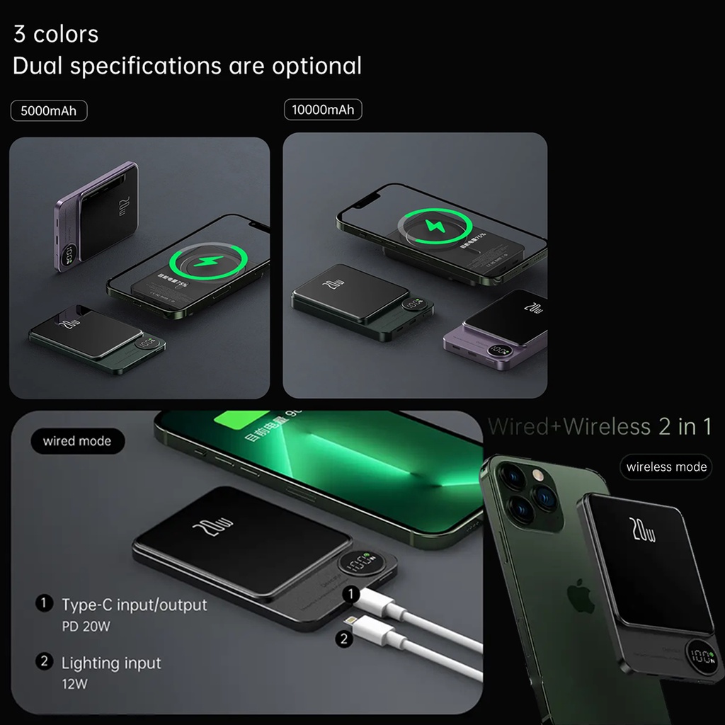 Original PD 20W Pin Sạc Dự Phòng Không Dây Delabo 10000mAh Từ Tính Cho iphone 15 14 13 12 pro max 5000mAh Power Bank