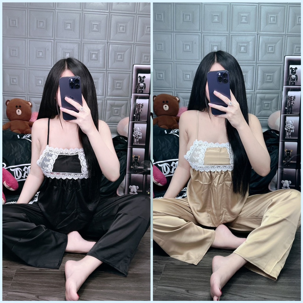 Đồ bộ 2 dây sexy ren hoa vuông lụa latin mát mẻ siêu xinh Hàng thiet ke Namishopoffical