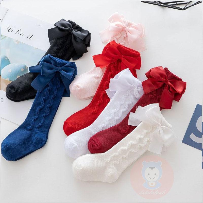 Laa6-trẻ Em Gái Vớ Dài Đến Đầu Gối Màu Trơn Thắt Nơ Dễ Thương